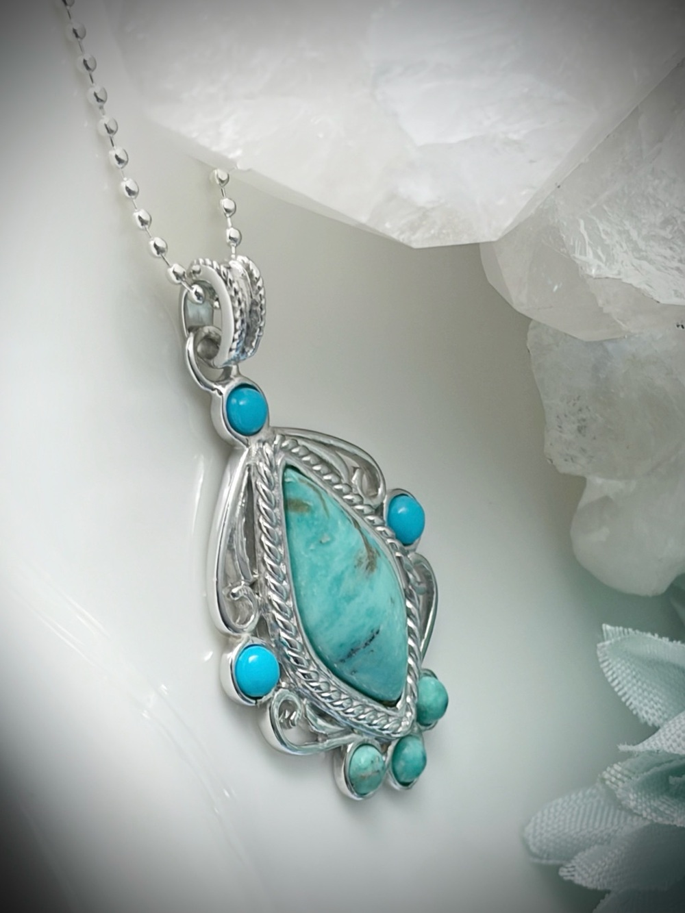 Estate Vintage Sterling Silver 925 Turquoise Pendant Necklace Multi Marquise